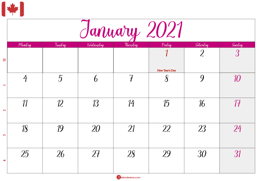january 2021 calendar Canada