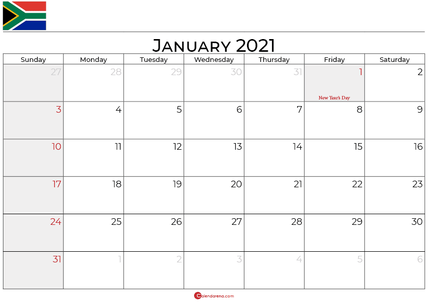 january 2021 calendar south africa_landscape