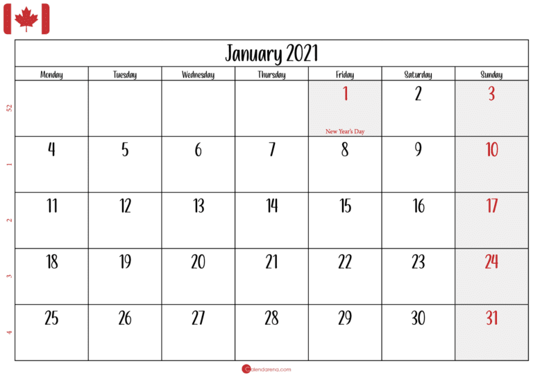Download Free January 2021 Calendar Canada🇨🇦🇨🇦 With Weeks