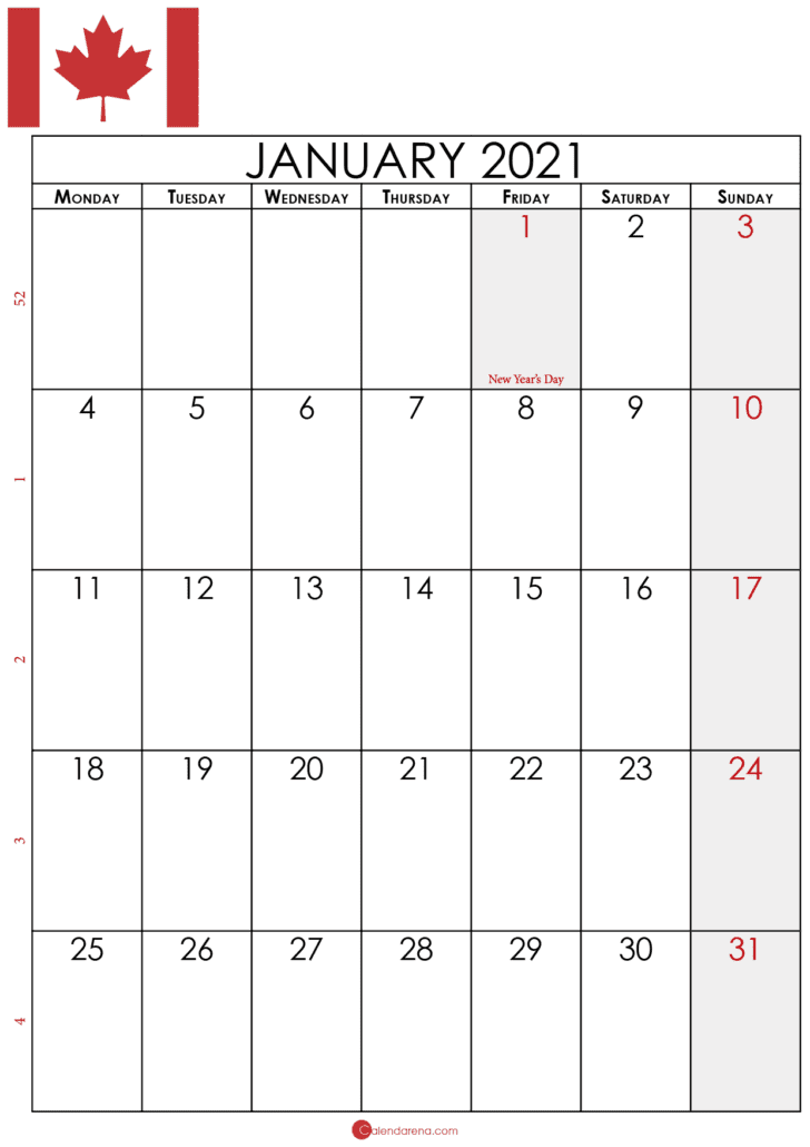 january calendar 2021 canada P