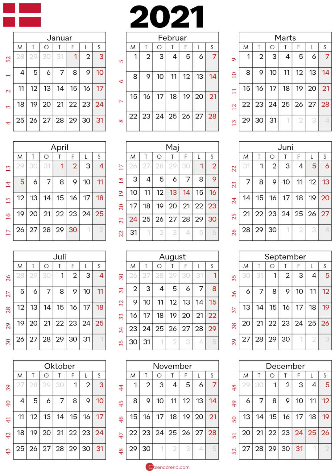 Kalender 2021 Til Print : Danmark 🇩🇰