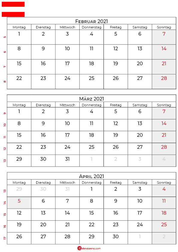 kalender februar märz april 2021 Österreich