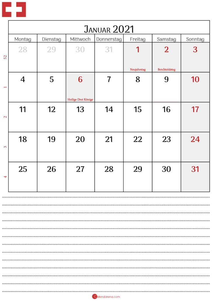 kalender januar 2021 Schweiz