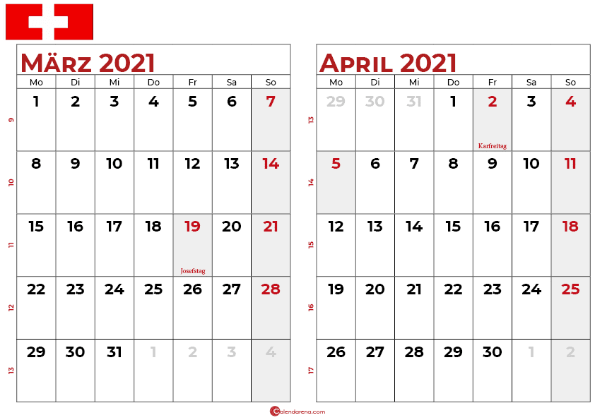 kalender märz april 2021 Schweiz