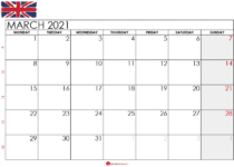 march 2021 calendar UK