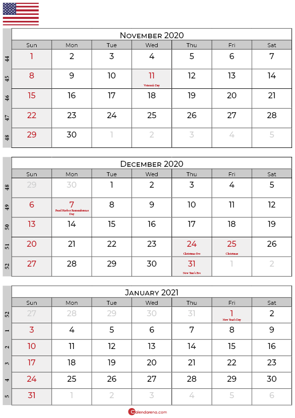november december 2020 january calendar 2021 usa