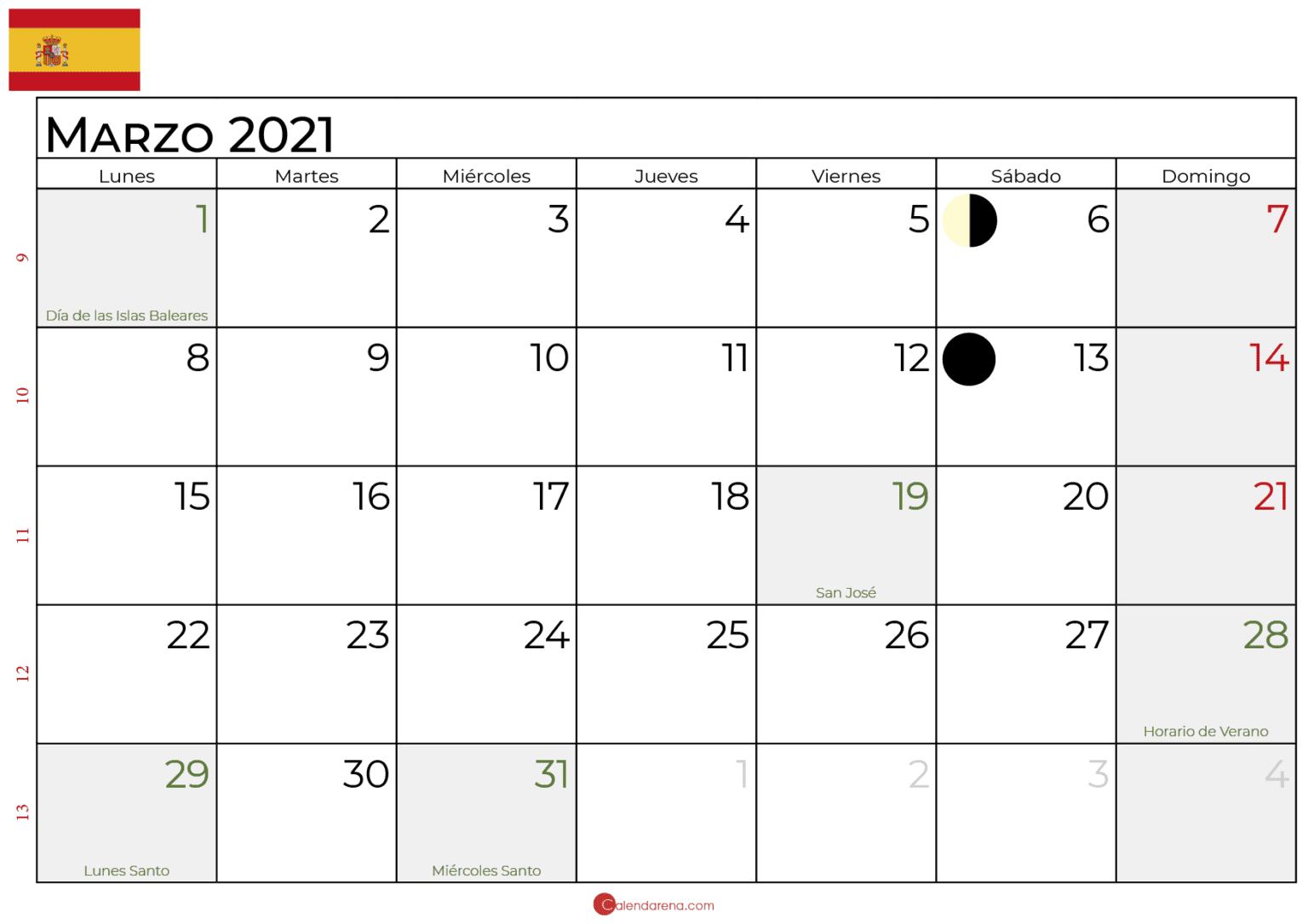 Calendario Marzo 2021 España 🇪🇸 Para Imprimir 