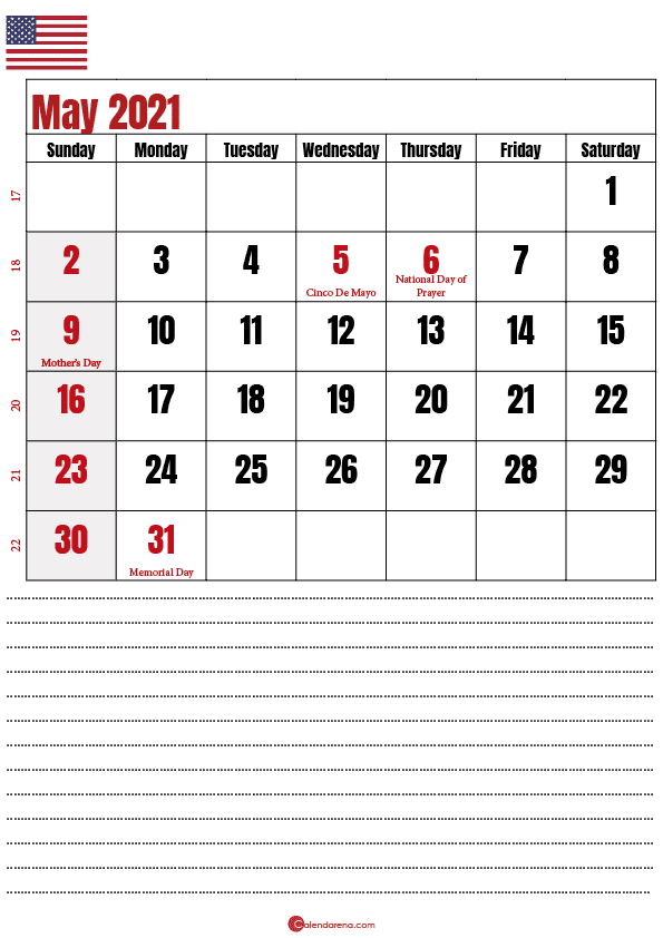 2021 may calendar notes