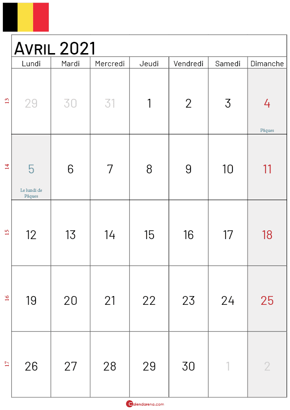 calendrier avril 2021 belgique-p
