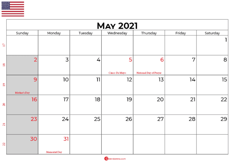 Download Free May 2021 Calendar USA