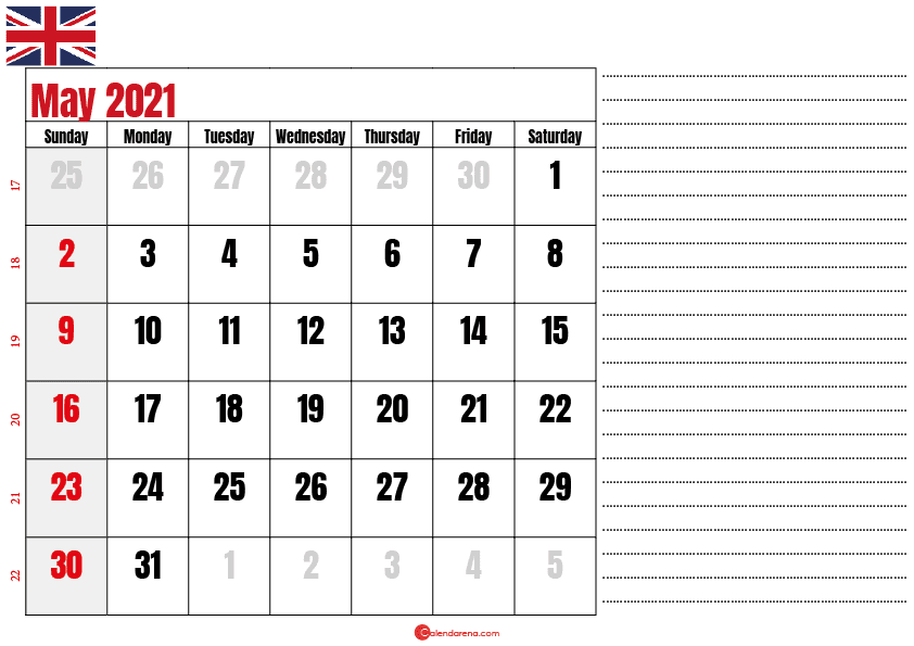 2021 may calendar notes UK