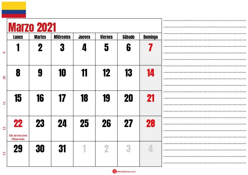 Calendario Calendario Marzo 2021 Colombia 