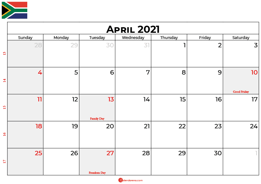april 2021 calendar SA