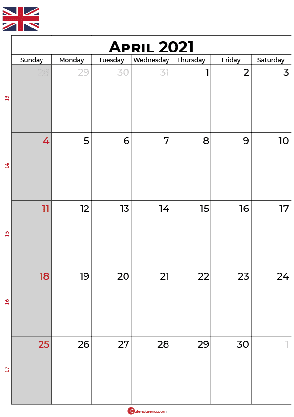 april 2021 calendar uk