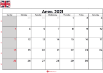 april calendar 2021 UK