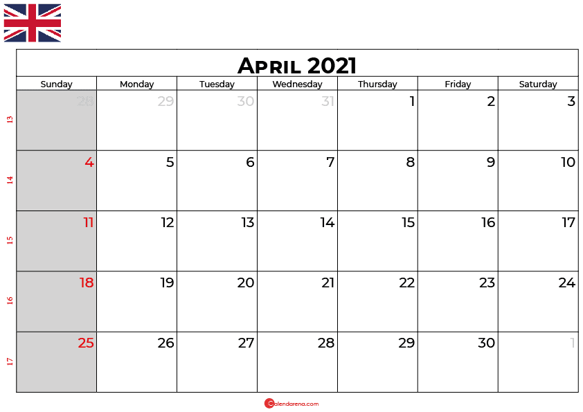 april calendar 2021 UK