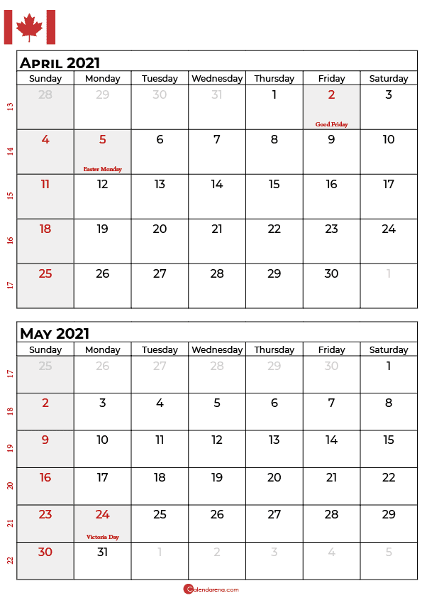 april may calendar 2021 canada