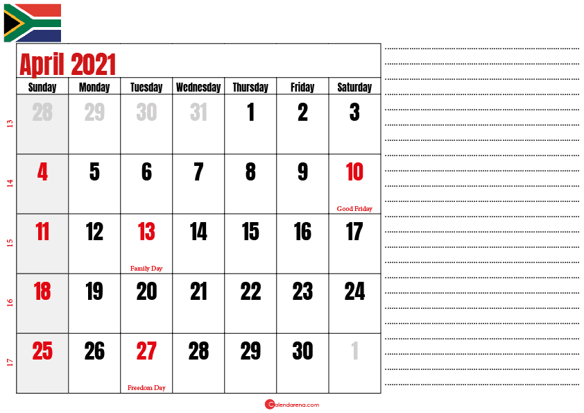 calendar 2021 april notes SA