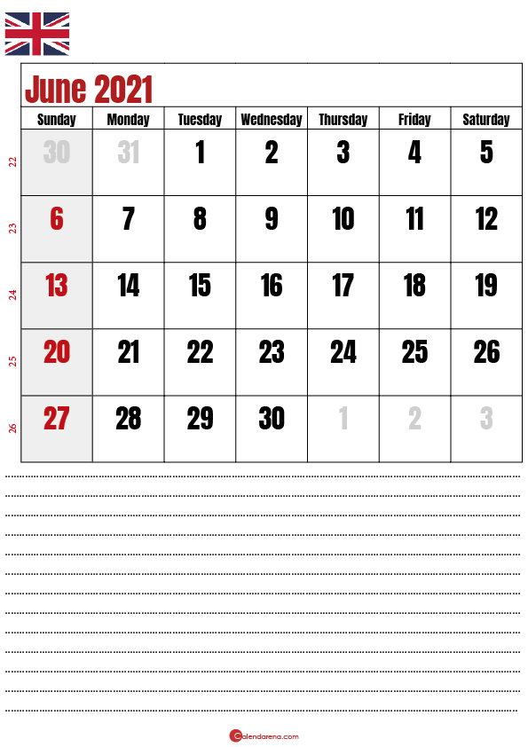 calendar 2021 june notes UK
