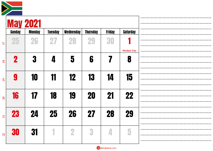 calendar 2021 may notes SA