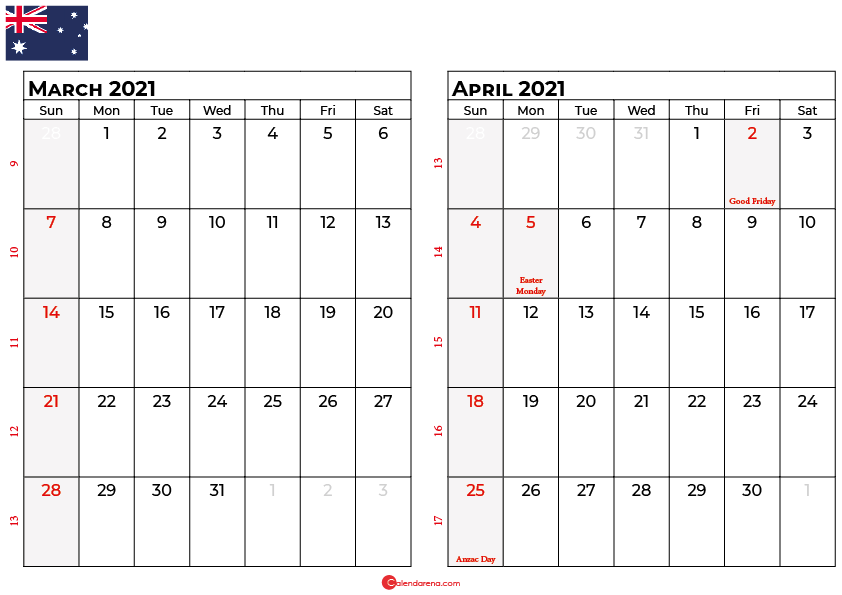 calendar march april 2021 AU