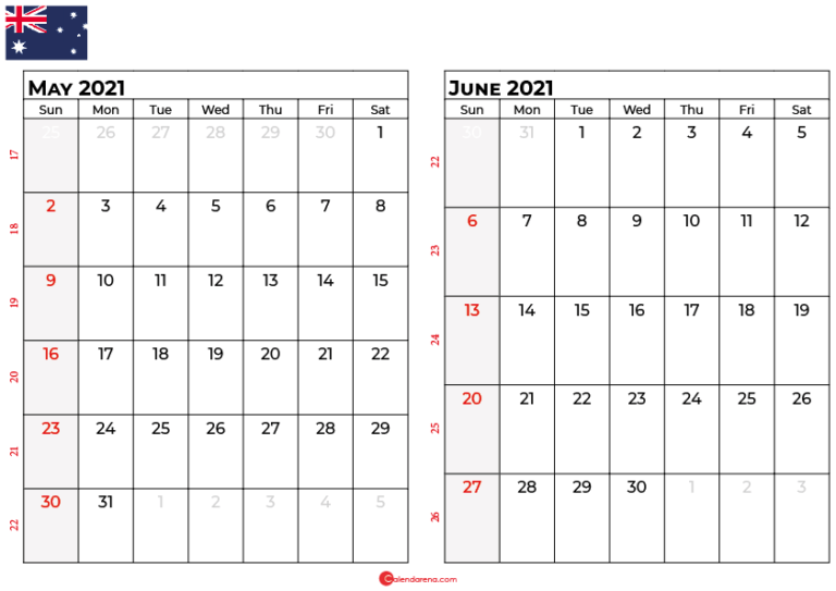 Download Free June 2021 Calendar Australia With Weeks