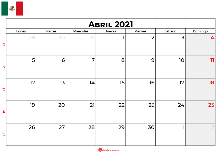 calendario 2021 abril mexico
