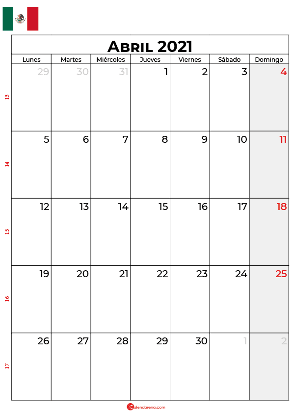 calendario abril 2021 mexico