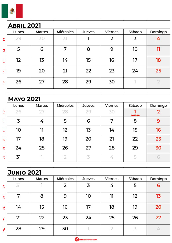 calendario abril mayo junio 2021 mexico
