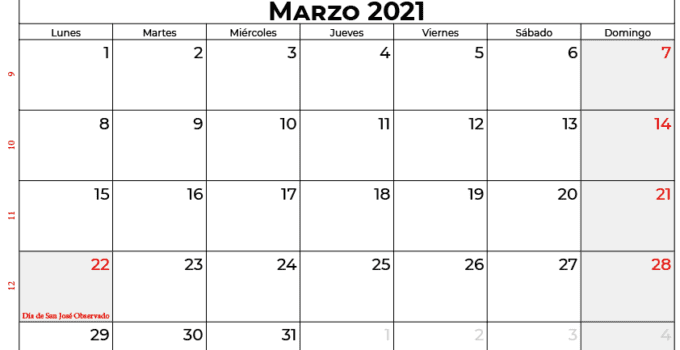 calendario marzo 2021 colombia