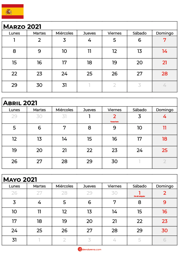 calendario marzo abril mayo 2021 espana