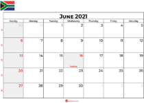 june 2021 calendar SA