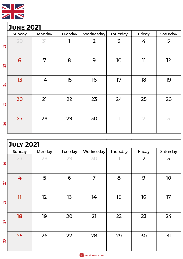 june july 2021 calendar UK