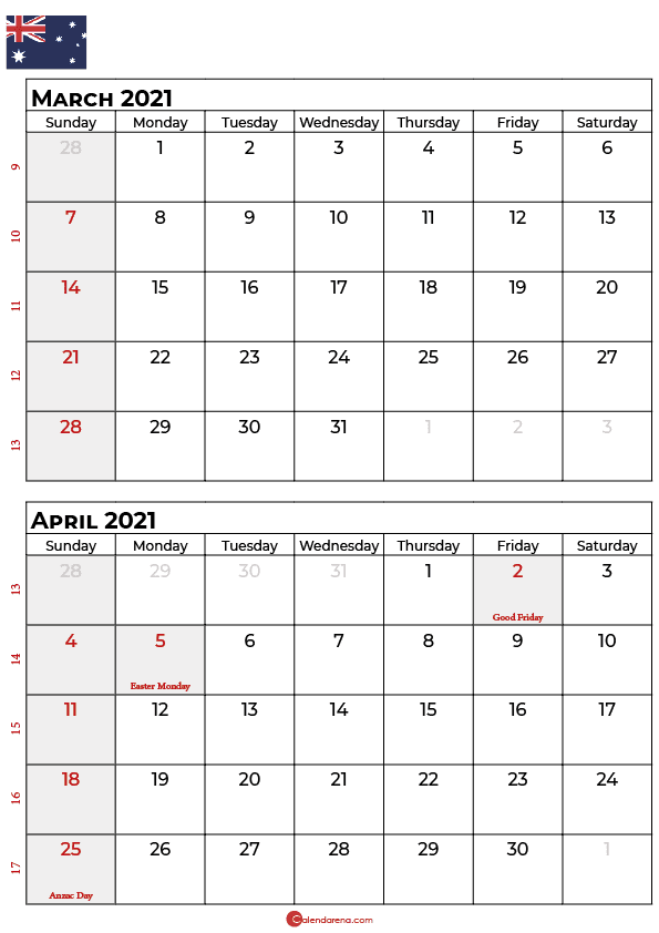 march april 2021 calendar AU