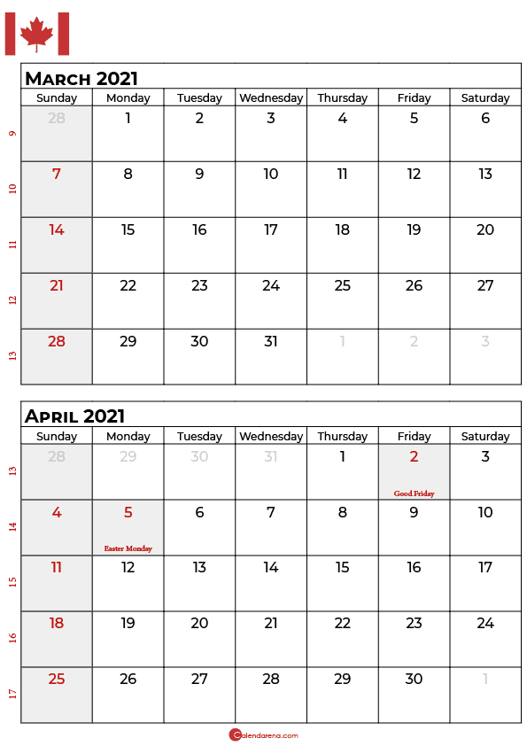 march april calendar 2021canada
