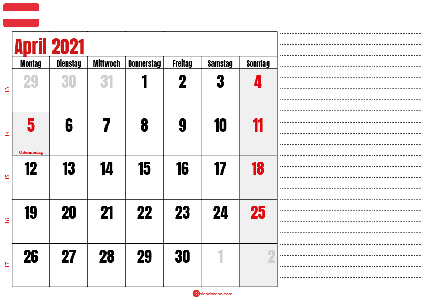 april kalender 2021 Österreich