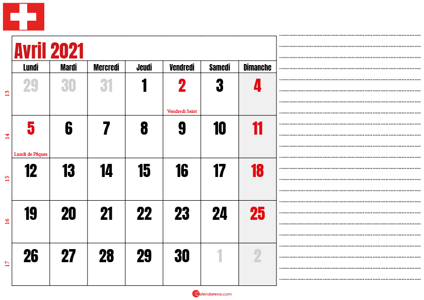 calendrier 2021 avril suisse