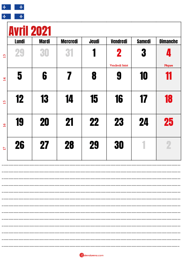 calendrier à imprimer avril 2021 québec canada