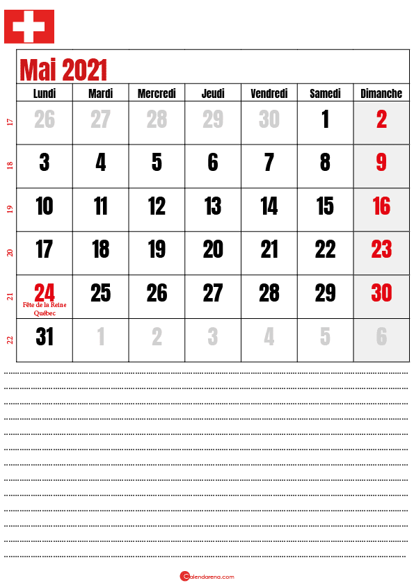 calendrier à imprimer mai 2021 suisse