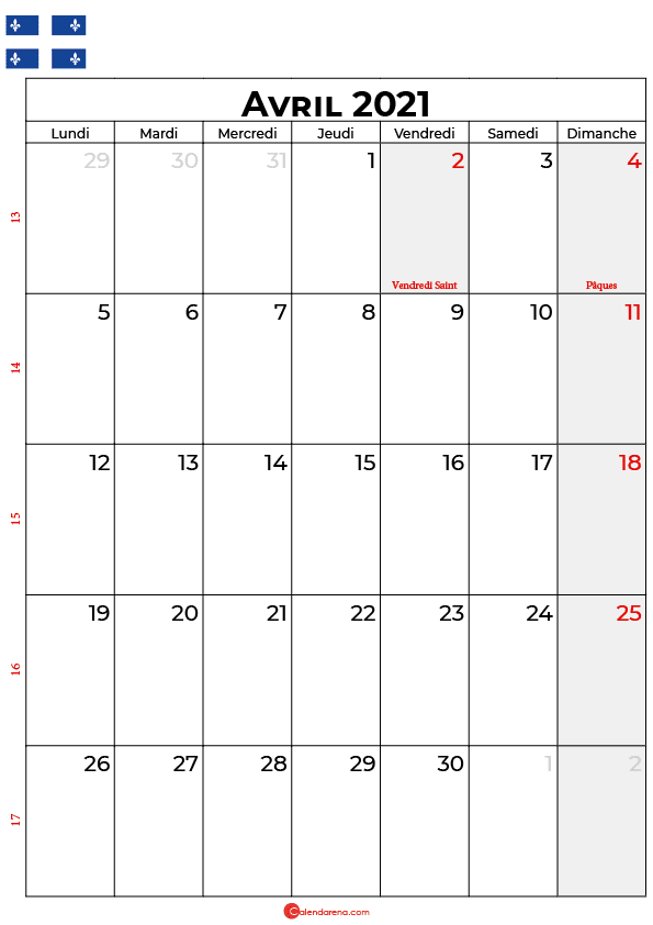 calendrier avril 2021 à imprimer québec canada