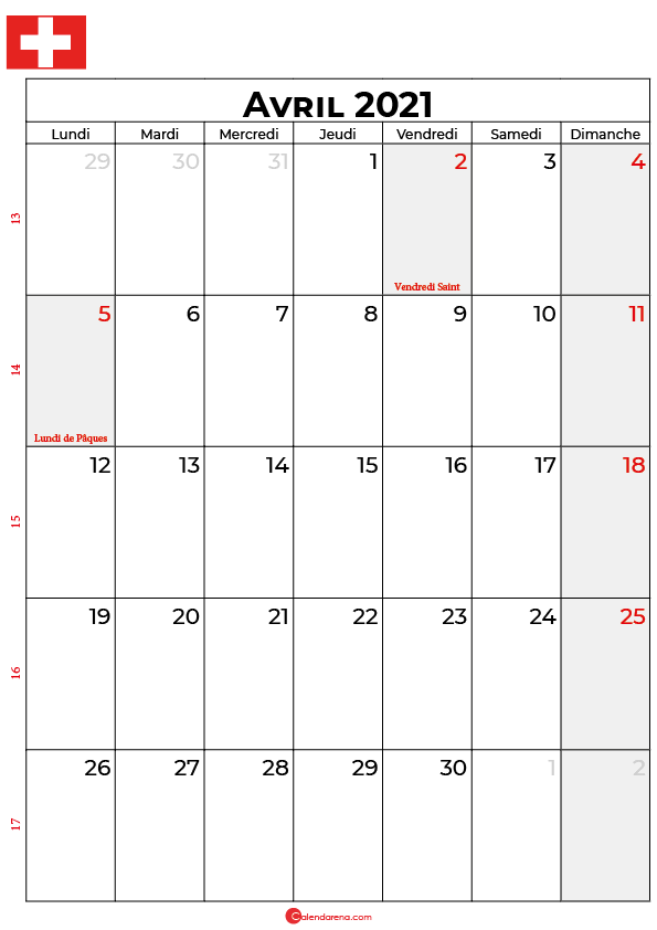 calendrier avril 2021 à imprimer suisse
