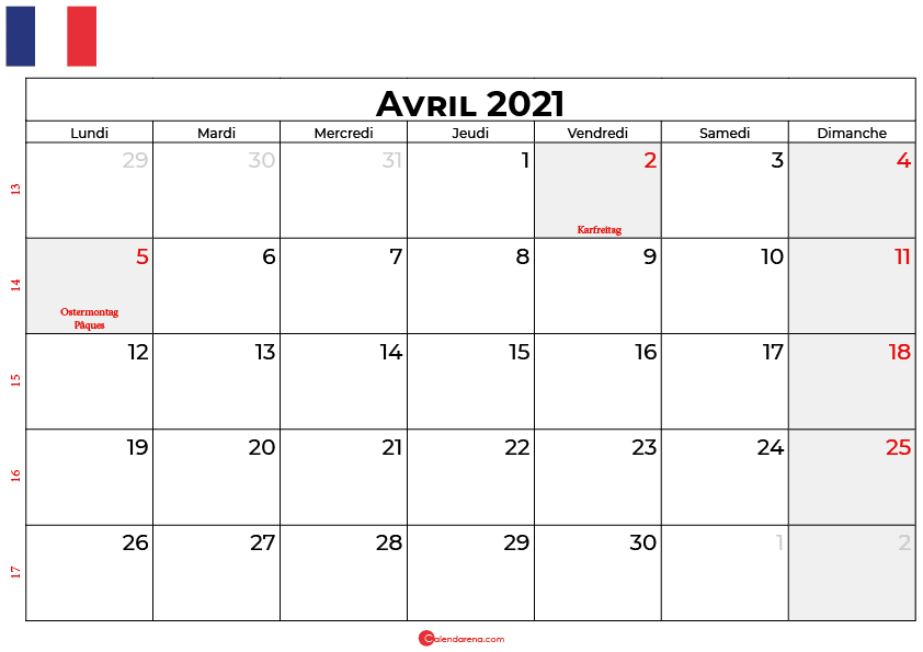calendrier avril 2021 france