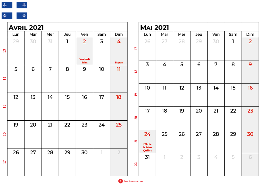 calendrier avril mai 2021 québec canada