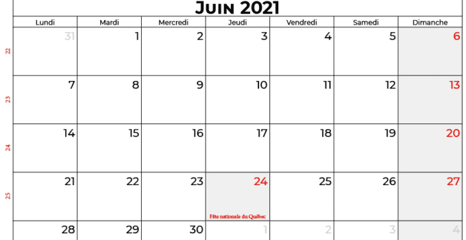 calendrier juin 2021 québec canada