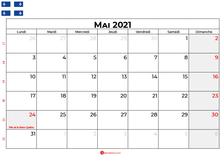 calendrier mai 2021 québec canada