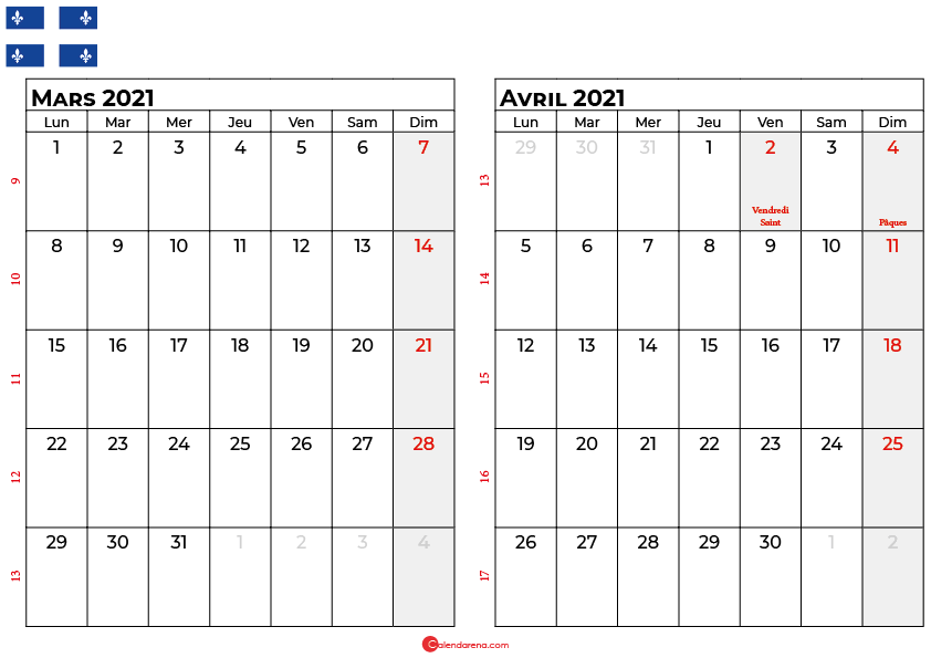 calendrier mars avril 2021 québec canada