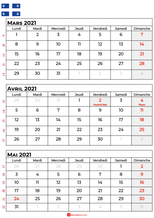 calendrier mars avril mai 2021 québec canada