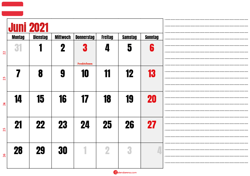 juni kalender 2021 Österreich