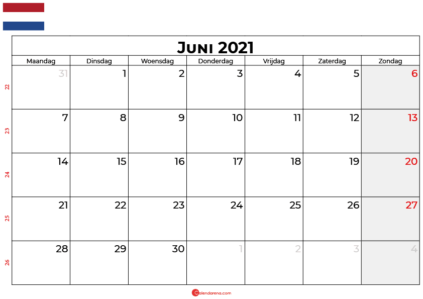 Kalender 2021 Met Weeknummers En Feestdagen Kalender Juni 2021 In Nederland