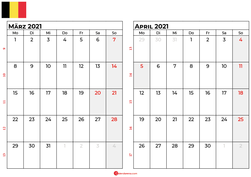kalender märz april 2021 Belgien